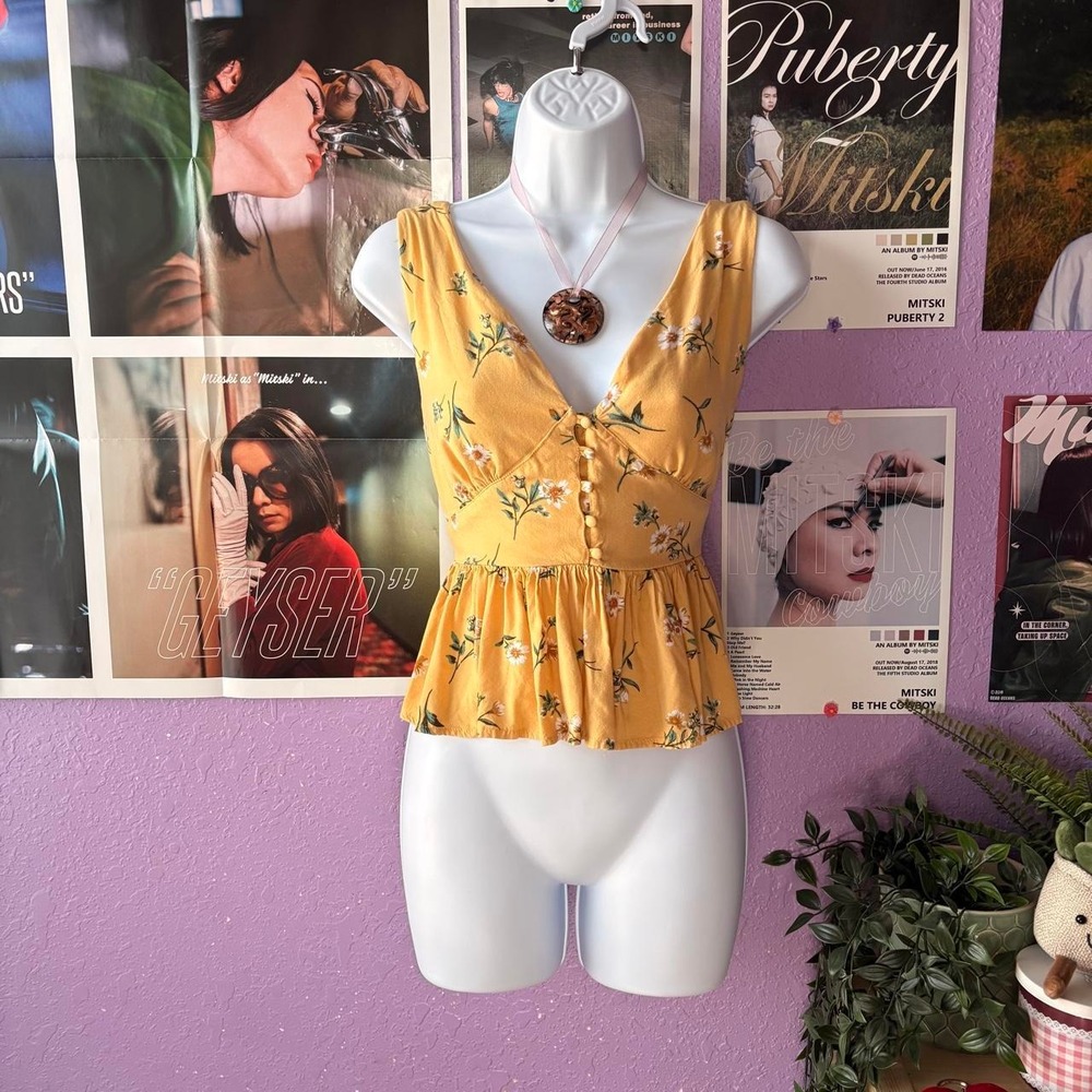 Active USA Yellow Floral Babydoll Peplum Tank Top Size Large